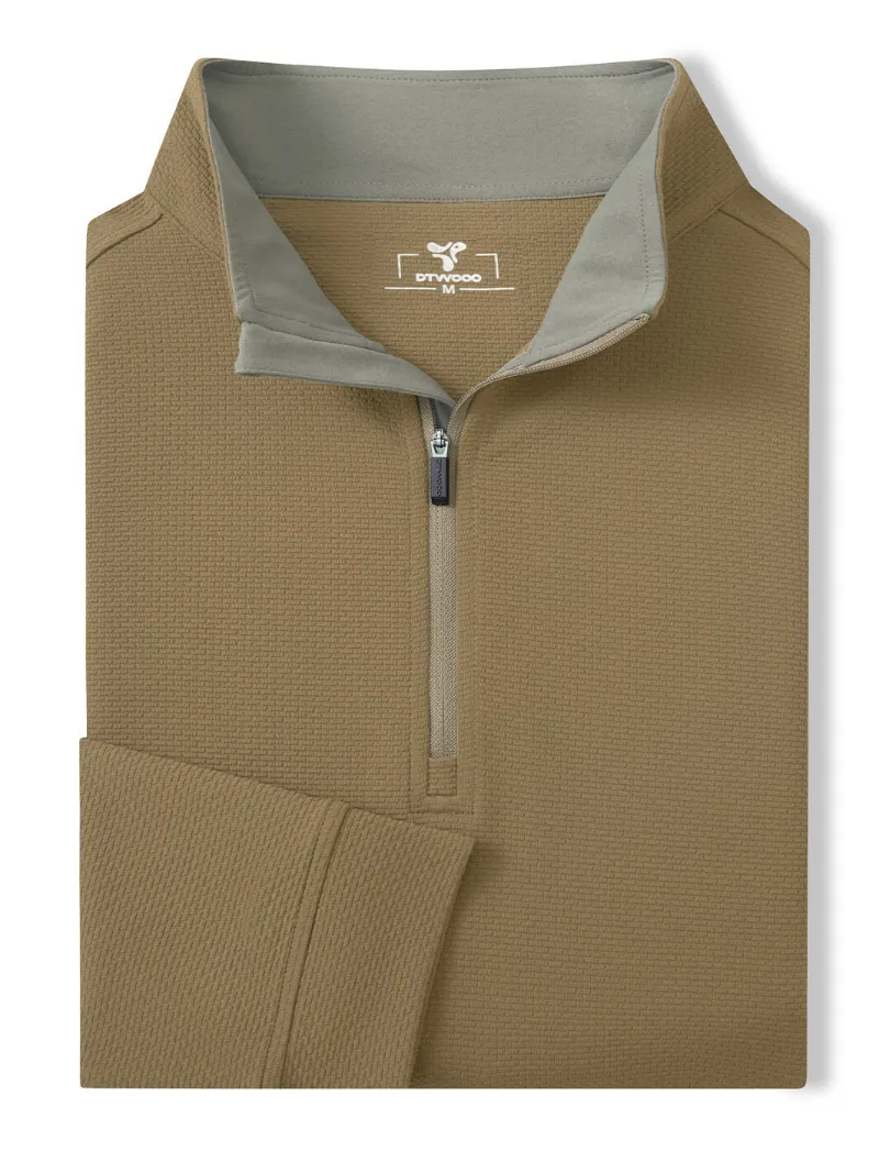 DTWOOO Jacquard Performance Quarter-Zip in brown with textured fabric and stand-up collar