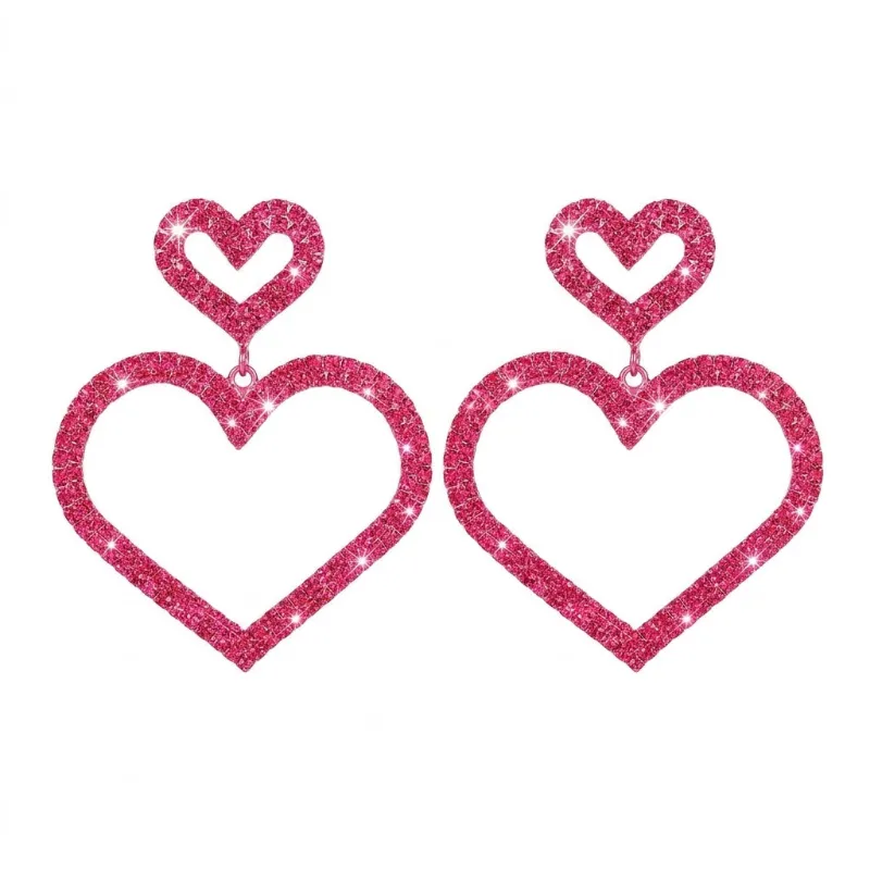 Shoptery Jirai Kei Double Heart Glitter Drop Earrings in Hot Pink, showing faceted rhinestone hearts suspended from crystal clusters