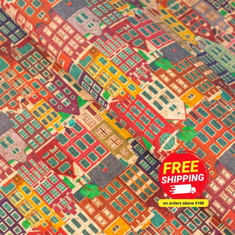 Corkadia charming European townscape cork fabric COF-486, printed sheet shown flat