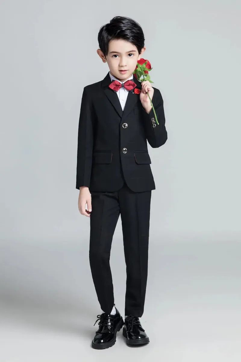 Wehilion Black Plaid 5-Piece Boys Suit Classic Formal Set jacket, vest, shirt and tie