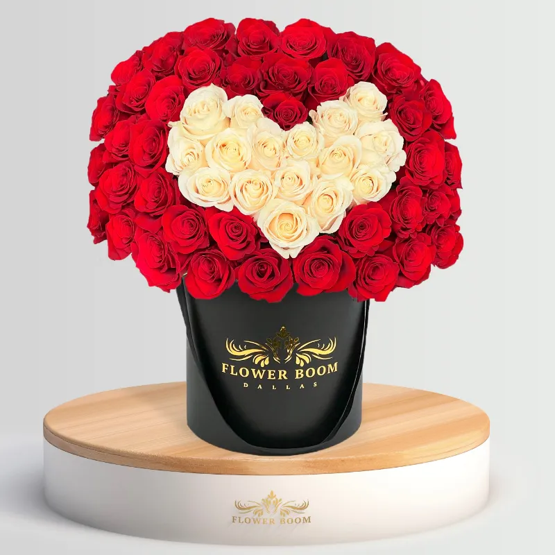 Flower Boom Dallas Heart With Roses arrangement in red and white signature roses