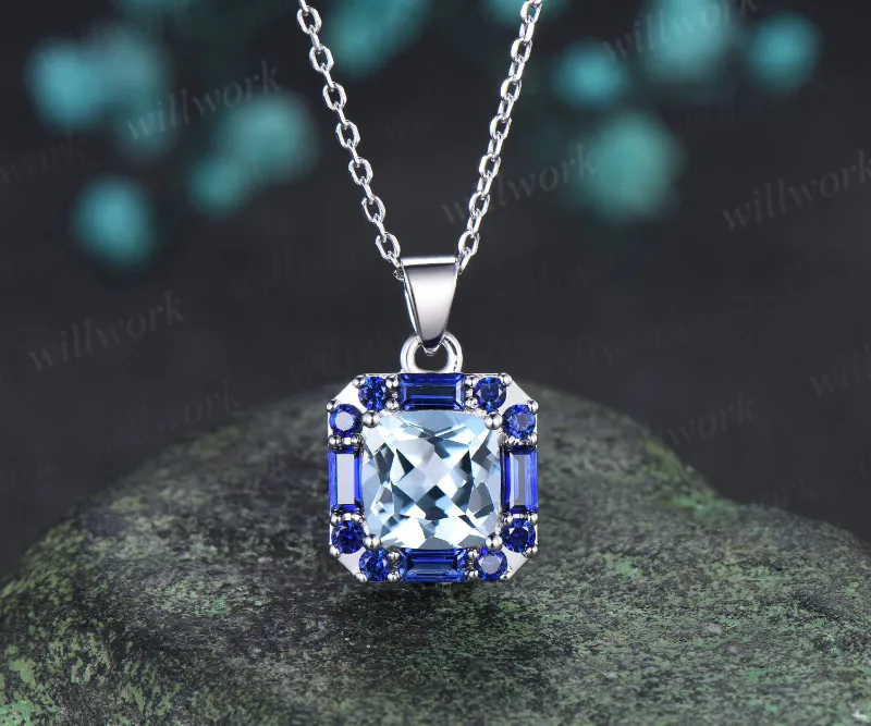 WillWork Jewelry 2ct cushion cut natural aquamarine pendant necklace blue sapphire halo, elegant gemstone pendant view