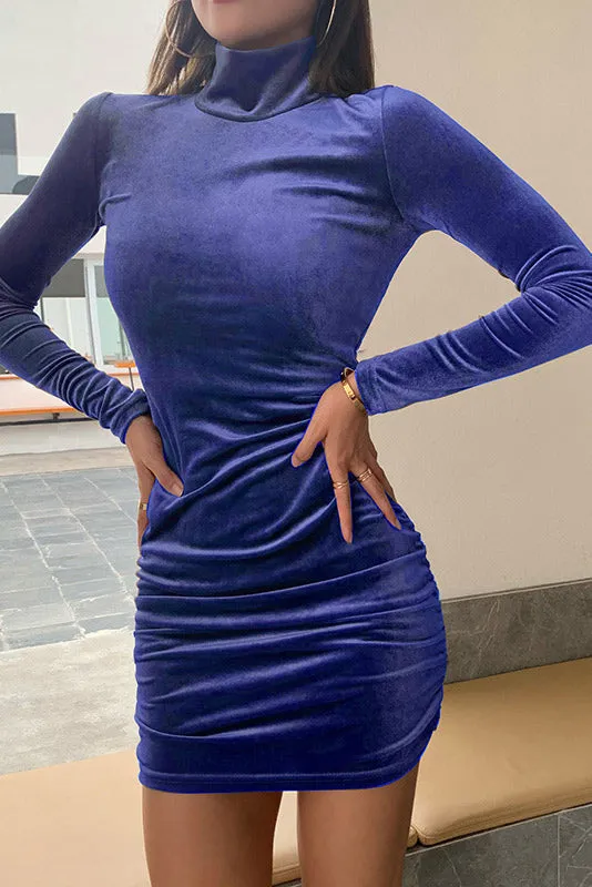 Mislish Blue Velvet High Neck Long Sleeve Mini Dress with long sleeves and fitted silhouette