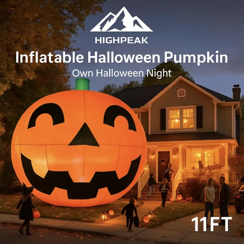 HighPeak 11FT Inflatable Halloween Pumpkin glowing on a lawn at night