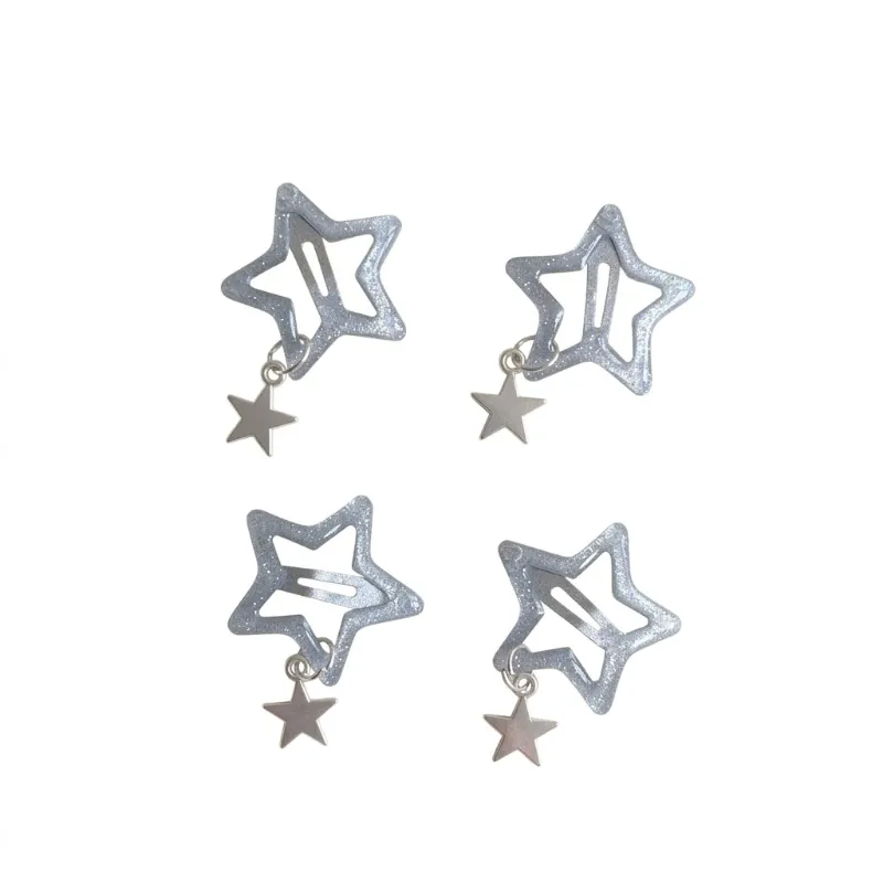 Shoptery Decora Glitter Star Snap Hair Clips with Charm — Set of 4, polished silver star clips close-up