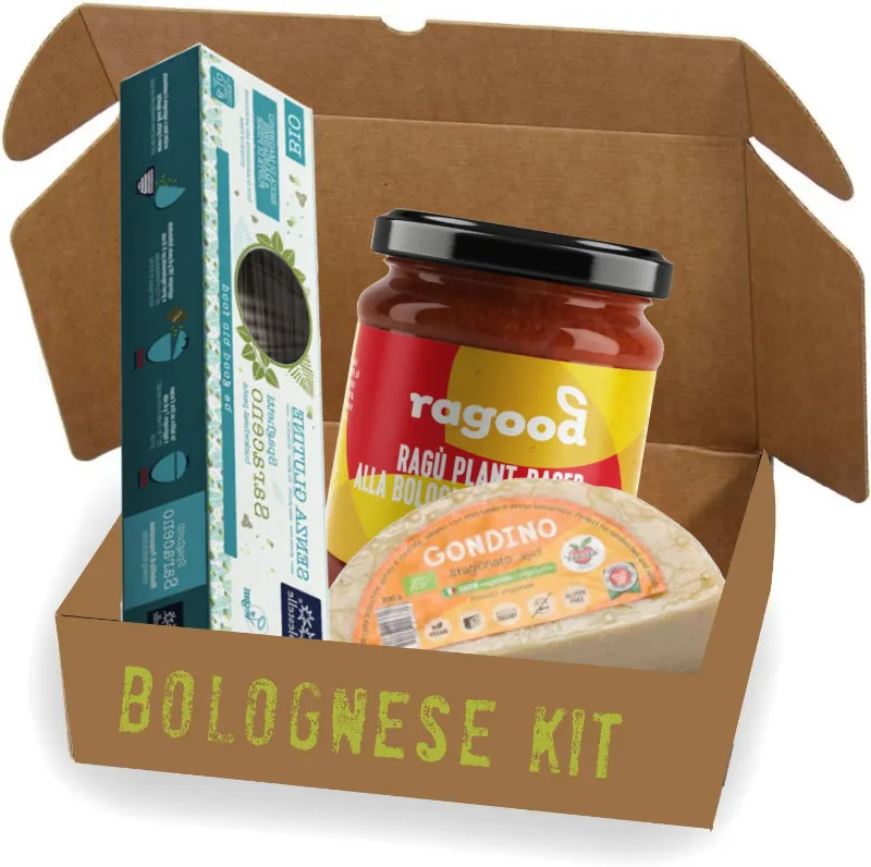 Vegaliano BOLOGNESE KIT with pasta, sauce, and vegan parmesan on white background