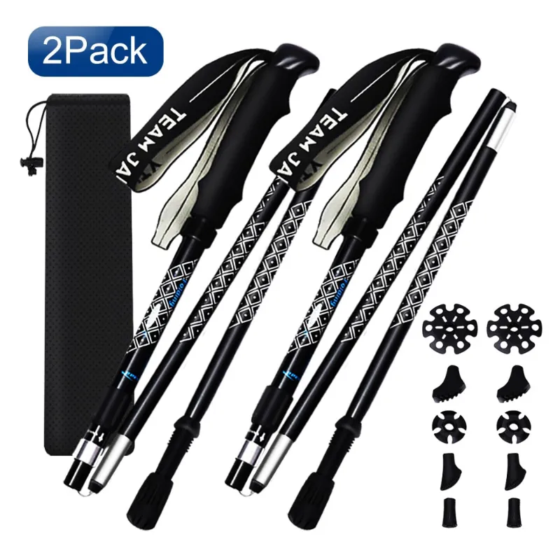 PUPU Sports Ultralight Foldable Aluminum Trekking Poles Collapsible Hiking Sticks in folded and extended positions
