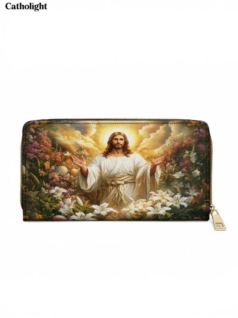 Catholight Resurrection Bloom Leather Wallet Purse with Risen Christ amid lilies and golden light