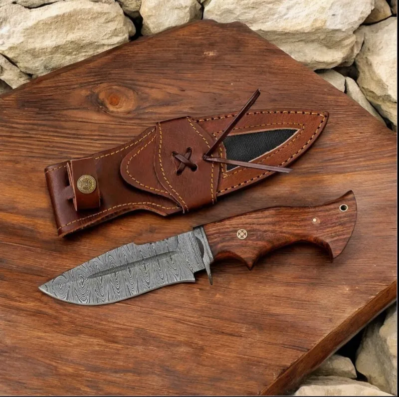 MyHackerTech Premium Bobcat Knife with Damascus blade, rosewood handle, and leather case