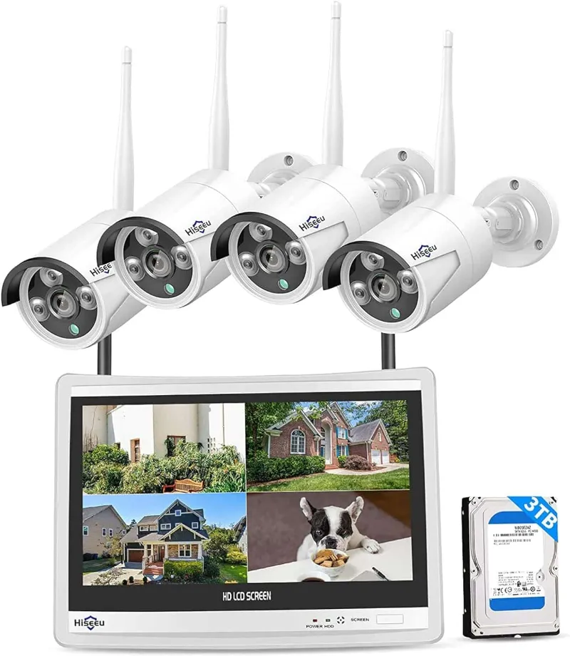 Hiseeu 5MP wireless bullet camera system with 12-inch monitor and 3TB storage