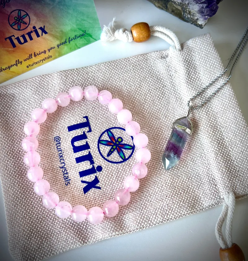 Turix Love & Joy bundle with rose quartz bracelet and fluorite pendant necklace set