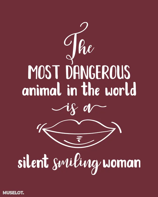 Muselot A silent smiling woman printed t shirt on model