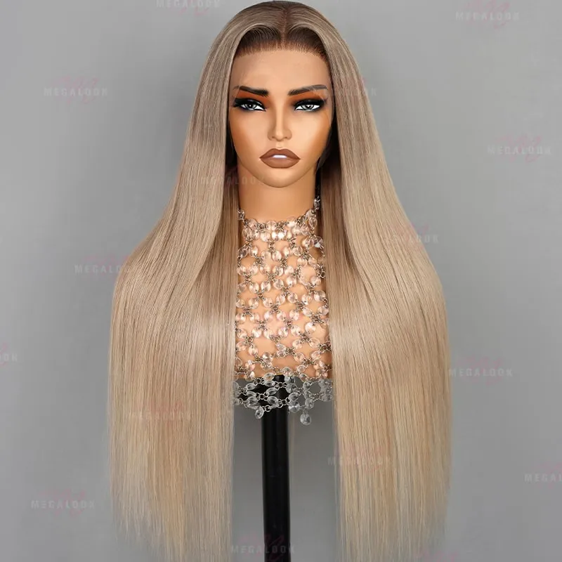 Megalook Salon-Quality Hot Selling Luxurious Glueless 6x5 HD Lace Wig Silky Straight Blonde, ash blonde ombre shown