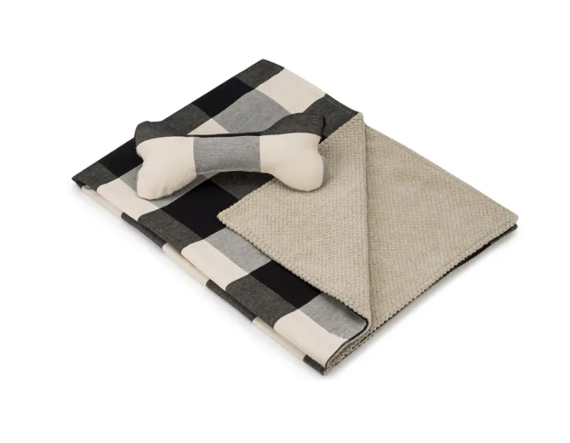 Found My Animal Blanket and Toy Bone in Buffalo Black plaid with Sherpa reverse