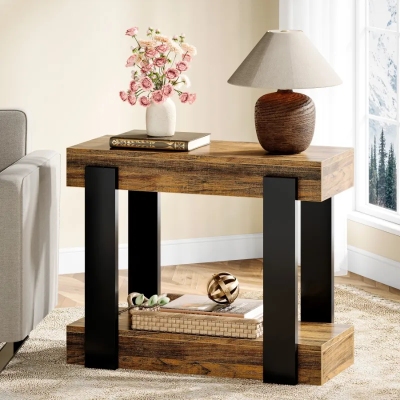 Tribesigns 2-Tier End Table, farmhouse side table with rustic wood top and black metal legs