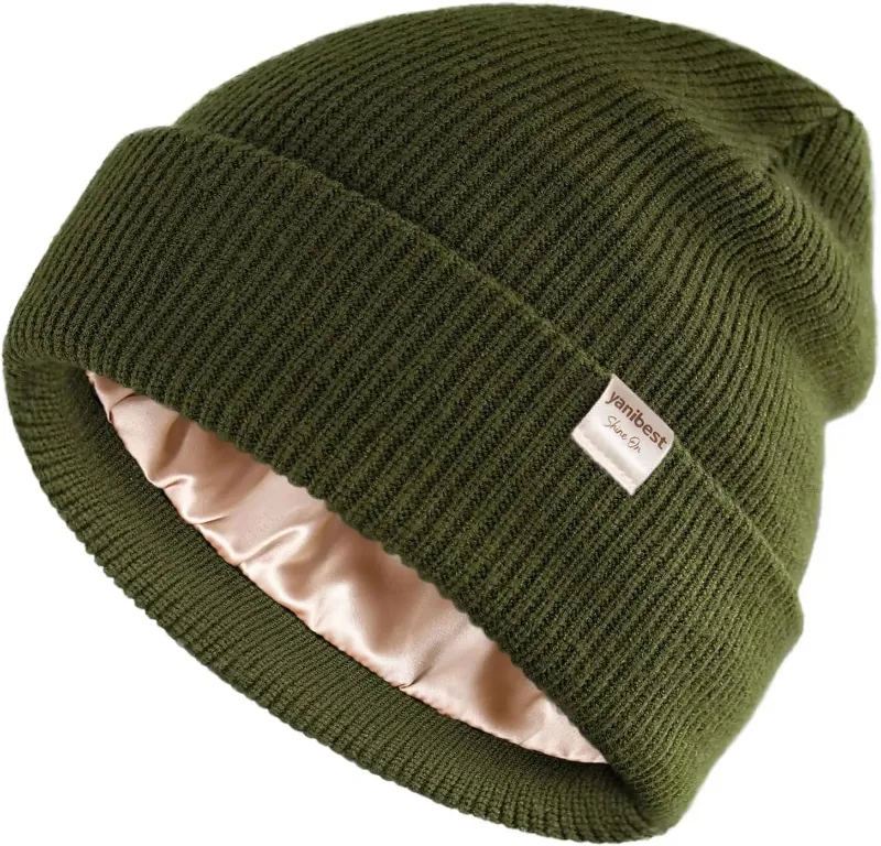 Yanibest Butter Satin Lined Knit Skull Beanie in Forest Green shown on model