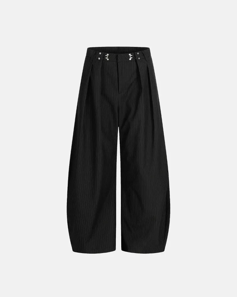 INFLATION Black Striped Barrel Suit Pant with pinstripe pattern and wide barrel leg silhouette