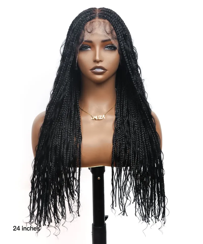 Jaliza 24-inch Pre Bleached Human Hair Lace Knotless 88 Strands Human Hair Boho Box Braided Wig showing box braids with boho curls