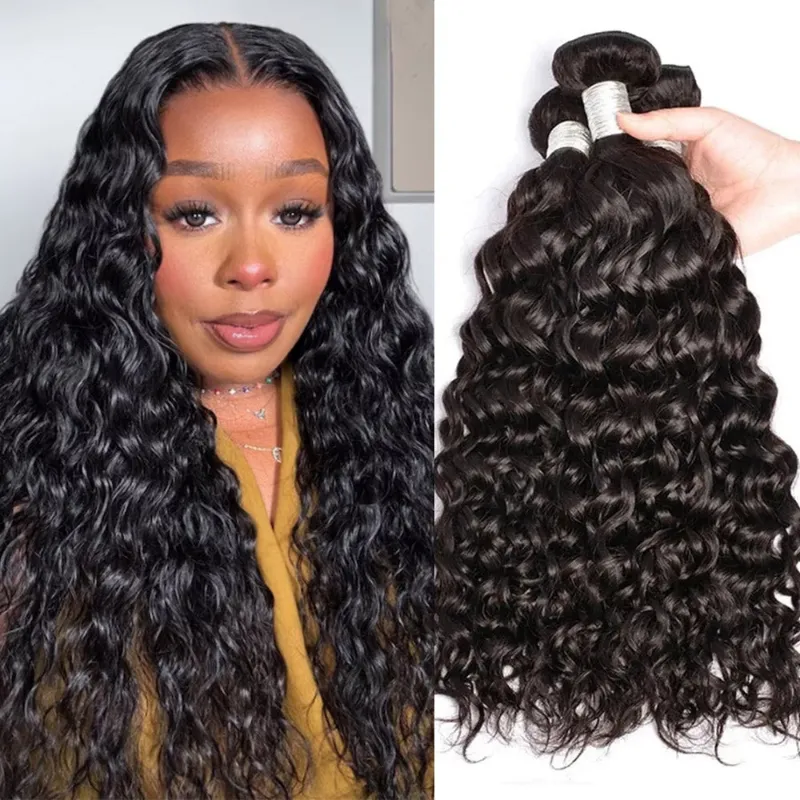 Megalook 10A water wave Brazilian virgin hair bundles, three-piece natural black extension set