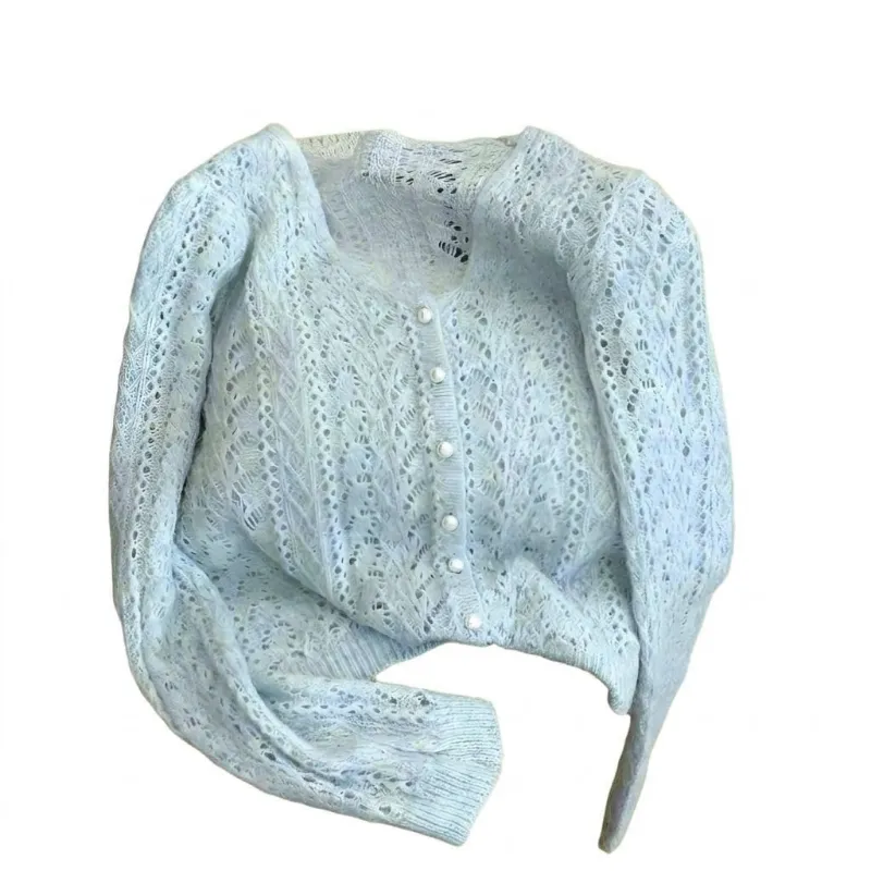 Cottagecore Clothes Ethereal Lacework Pearl-Button Sweater showing pale blue open-knit cardigan with pearl buttons