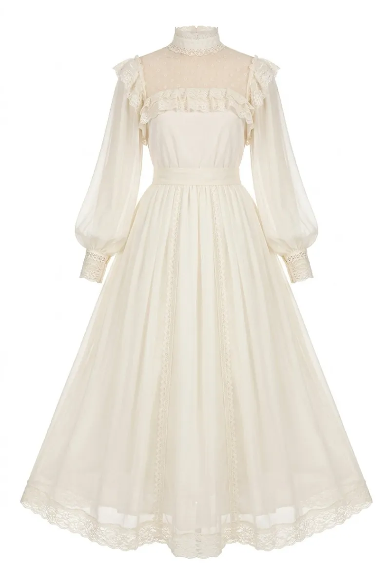 Cottagecore Clothes Ethereal Garden Lace Dress in ivory with high ruffled neckline and floor-length chiffon skirt