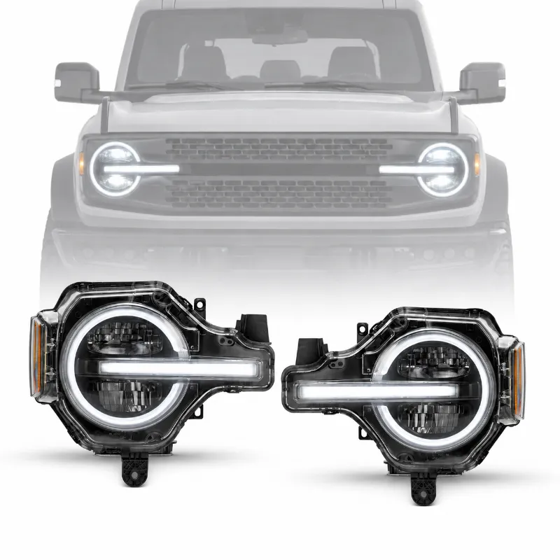 Sunpie Ford Bronco Full LED Headlights with DRL and turn signals showing pair of assemblies