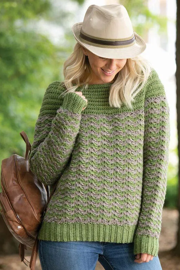 Kristen TenDyke Windy Sea Pullover, a simple two-tone sweater in moss green and stone