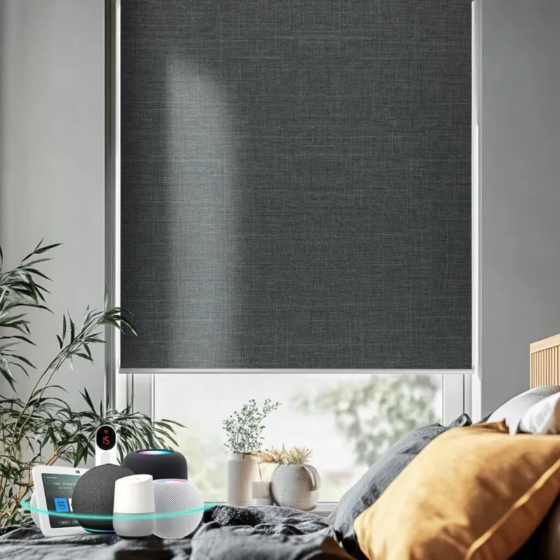 Bringnox Motorized Roller Shades 100% Blackout Bouvardia displayed on a residential window