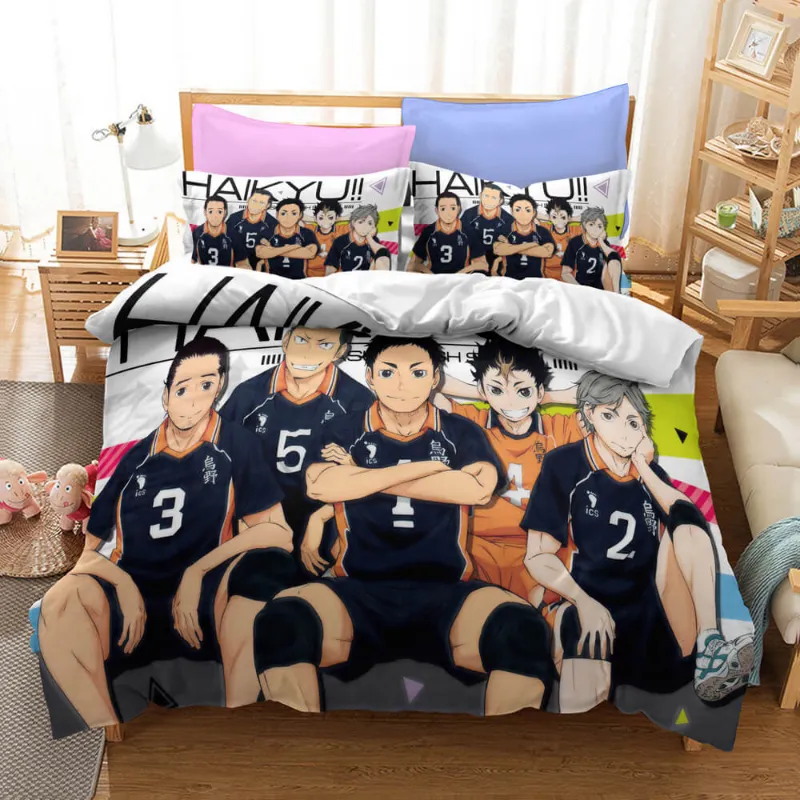 EBuycos Anime Haikyuu Cosplay Bedding Set Quilt Covers Without Filler displayed on bed