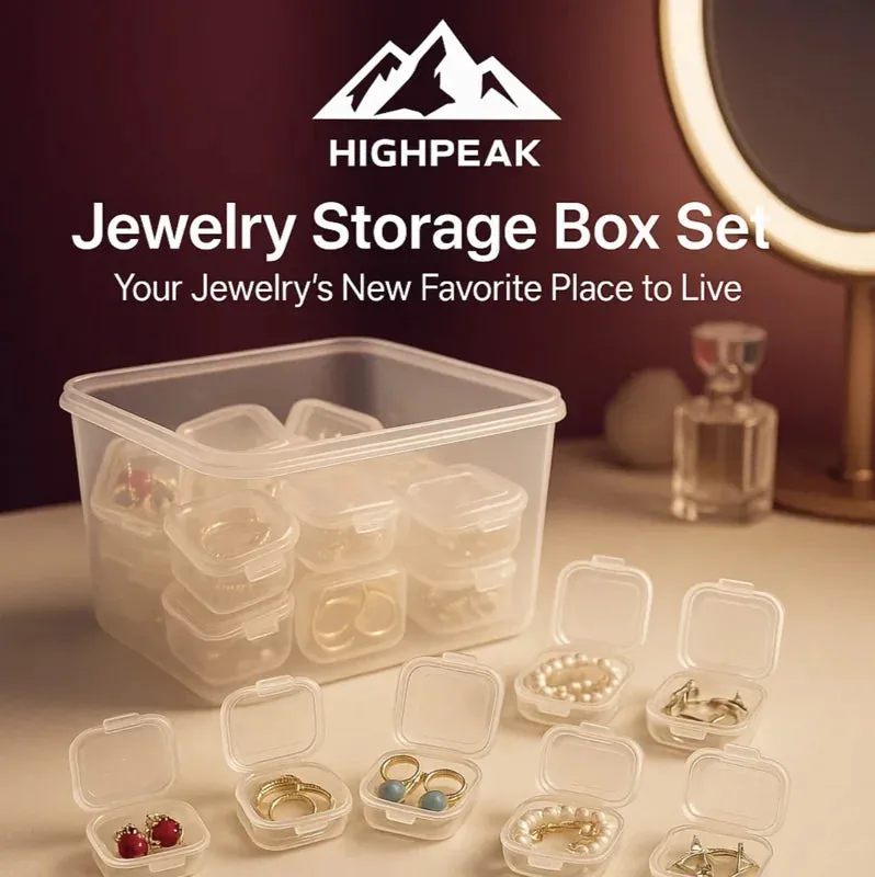 HighPeak 30pcs Mini Jewelry Storage Box Set, clear snap-lid boxes shown stacked with small jewelry inside