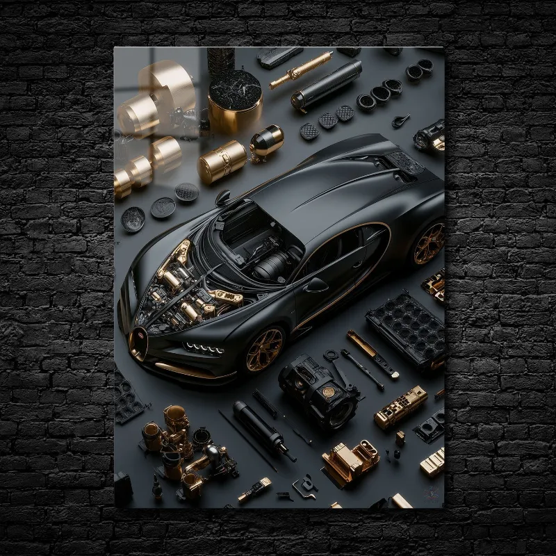 CruArt Engineering Precision The Art of Bugatti metal print with car parts in knolling arrangement