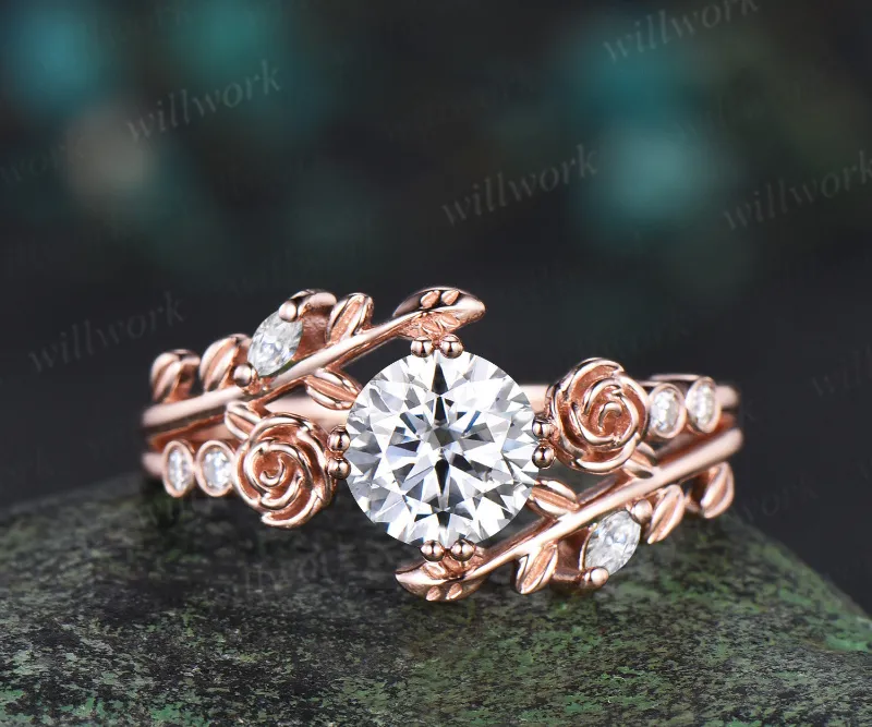 WillWork Jewelry 1ct round cut moissanite engagement ring rose gold nature inspired floral leaf design