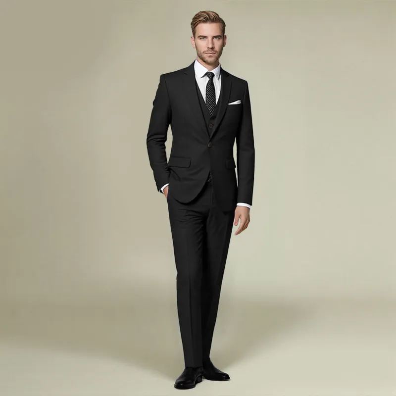 Cloudstyle 1829 Series 3-Piece Slim Fit Solid Color Jacket Smart Wedding Formal Suit Black, front view