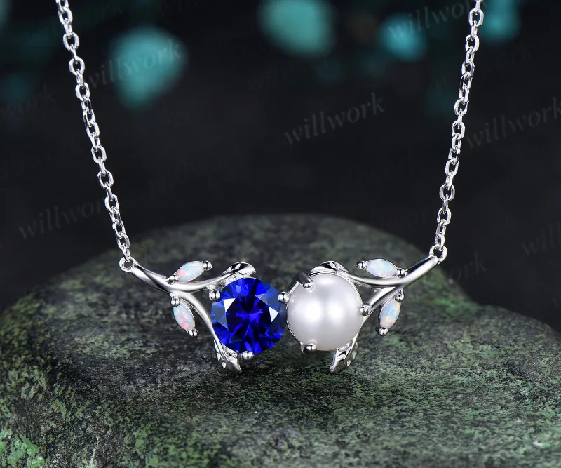 WillWork Jewelry sapphire pearl leaf vine Toi et Moi pendant necklace with opal accents