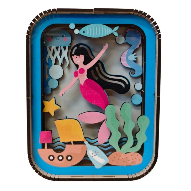 Varvikas 3D Wooden Puzzle Night Light Mermaid Light, mermaid with pink tail, sea creatures, and pastel flowers glowing