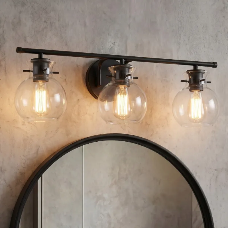 Tribesigns 3-Light Bathroom Vanity Light with matte black finish and clear glass shades mounted horizontally