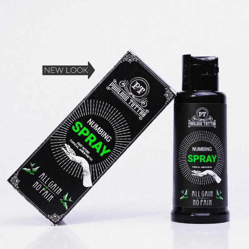 Painless Tattoo Numbing Spray bottle standing upright on white background