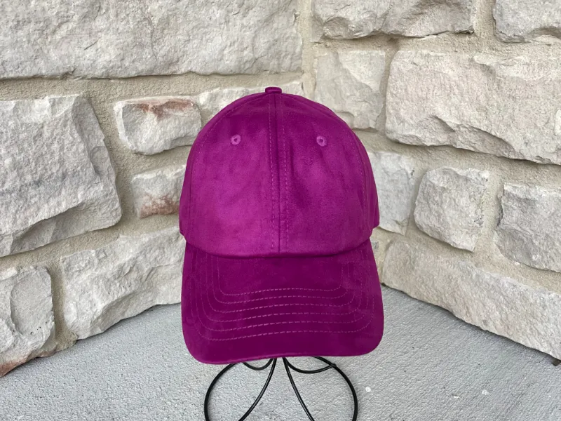 Embellished Microsuede Magenta Cap with faux suede exterior and purple satin lining