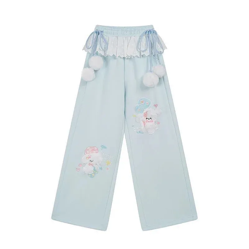 Shoptery Fairy Kei Bunny Pom-Pom Lace Waist Wide-Leg Sweatpants Set shown laid out flat, wide-leg trousers with embroidery and lace trim