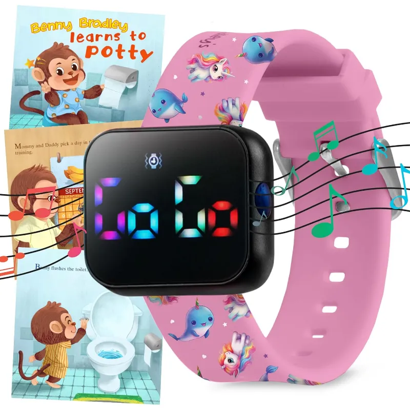 Benny Bradley's Potty Training Watch with eBook in unicorns design, showing watch face and silicone strap