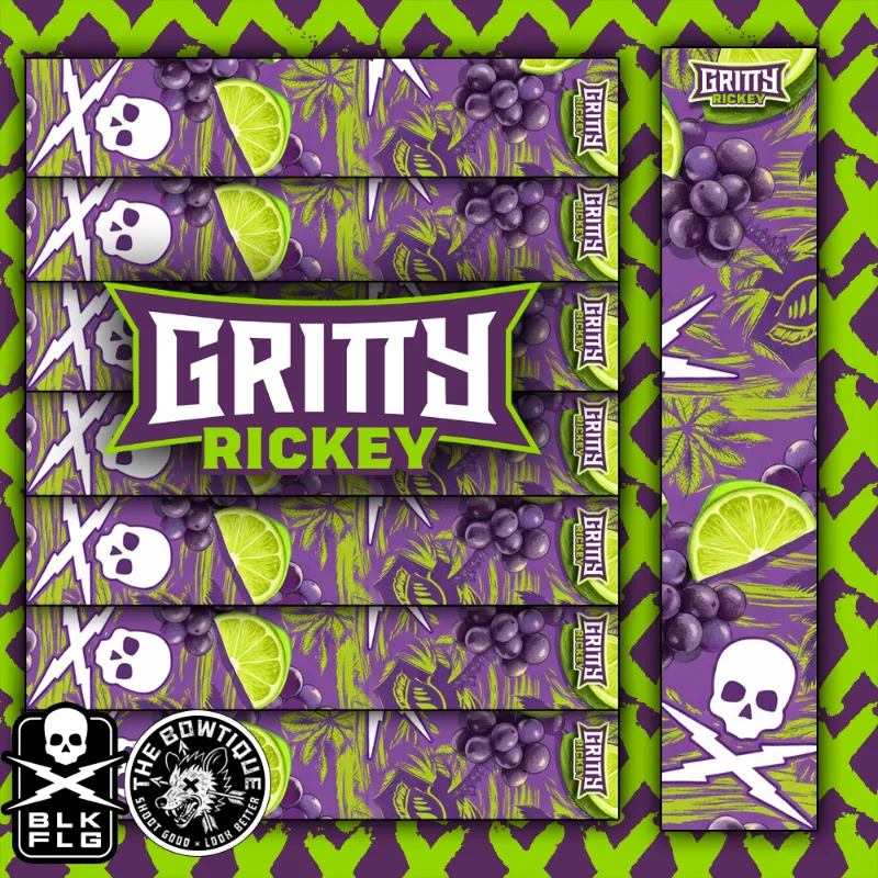 BLK FLG x Bowtique Gritty Rickey Arrow Wraps showing bold graphic design on arrows