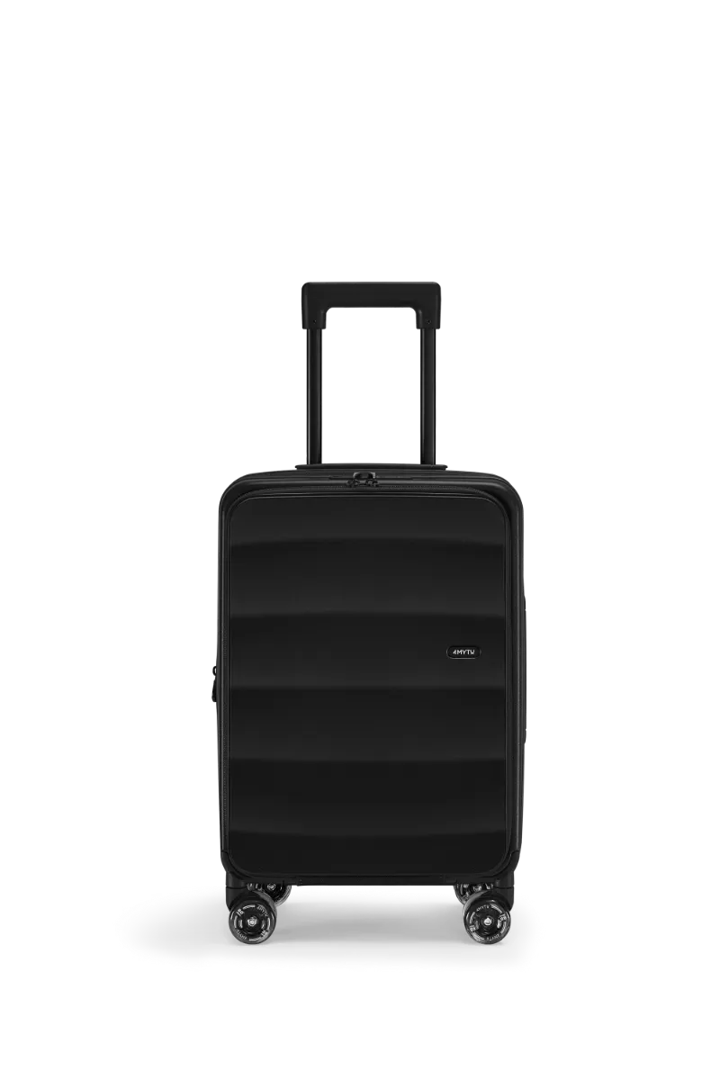 4MYTU Tank Lite Carry-on in Jet Black front-opening suitcase with wheels and handle