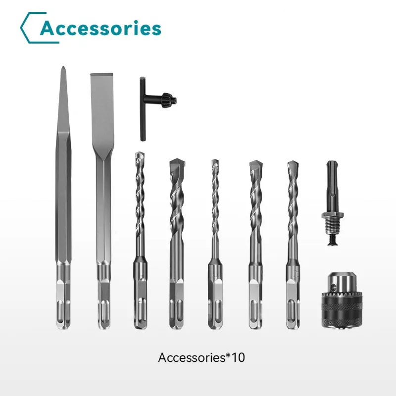 NewBeny 10PCS square-shank drill bit accessory set, all pieces laid out showing bits, chisels, and adapters
