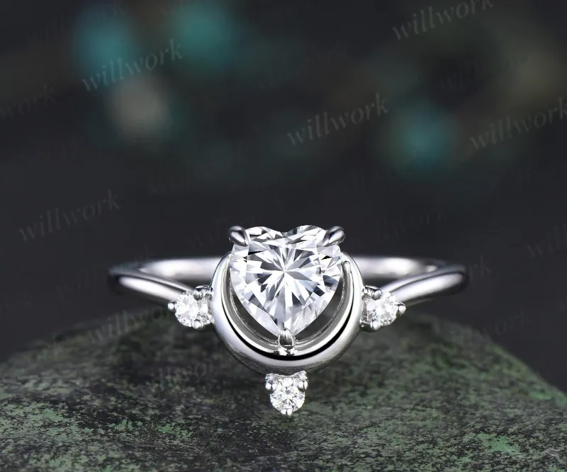 WillWork Jewelry 1ct heart cut IGI lab diamond moissanite engagement ring, white gold four stone moon design
