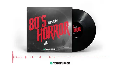 Tonepusher 80's Horror vol.1 preset pack, Serum presets for horror scores shown on a dark product card