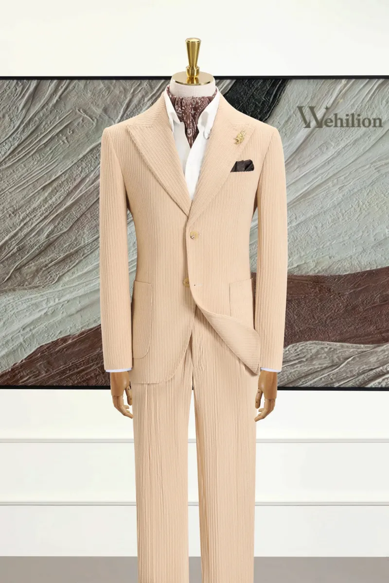 Wehilion Men's Beige Corduroy Peak Lapel 2 Piece Suit shown as a tailored beige jacket and trousers