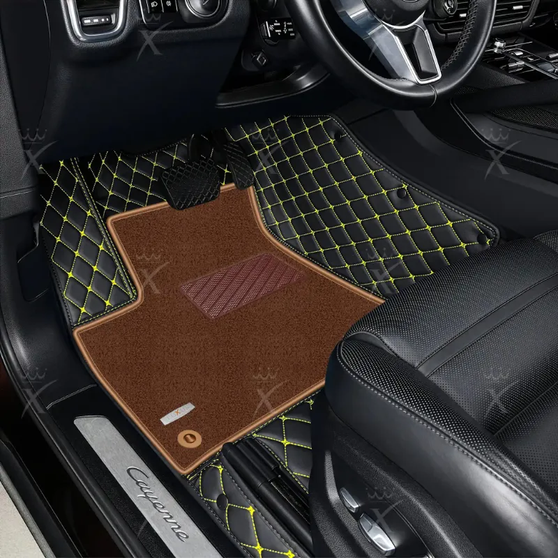 Luxus Car Mats Double Layer Series floor mats with black and yellow diamond stitching and brown top carpet