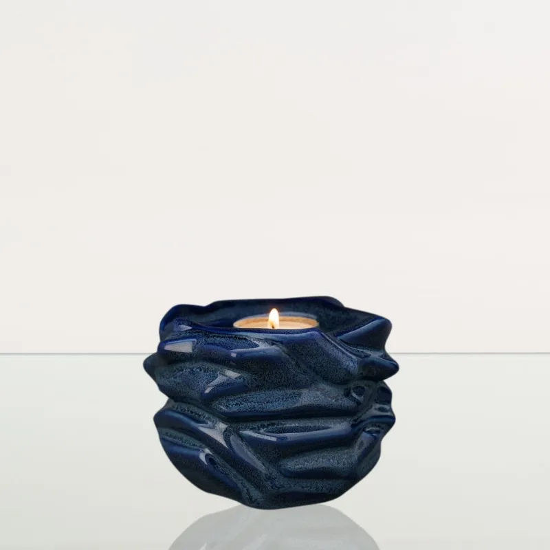 Pulvis Art Urns Candleholder Keepsake Urn in Blue Melange ceramic with textured glossy finish