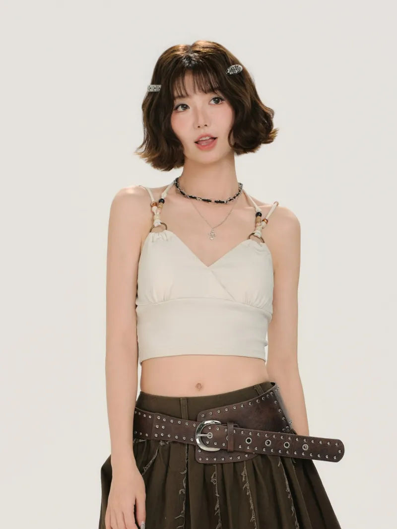 Juwas Beaded Strap Ruched V-Neck Crop Top displaying fitted top with crystal straps.