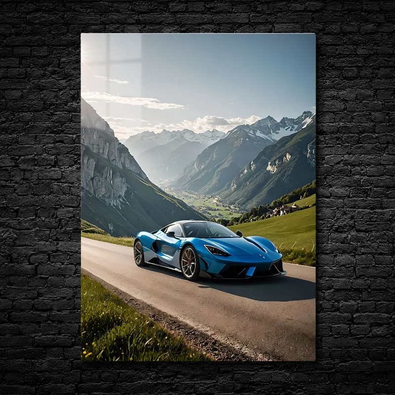 CruArt Skyline Velocity Metal Print showing blue supercar on mountain road with snow peaks